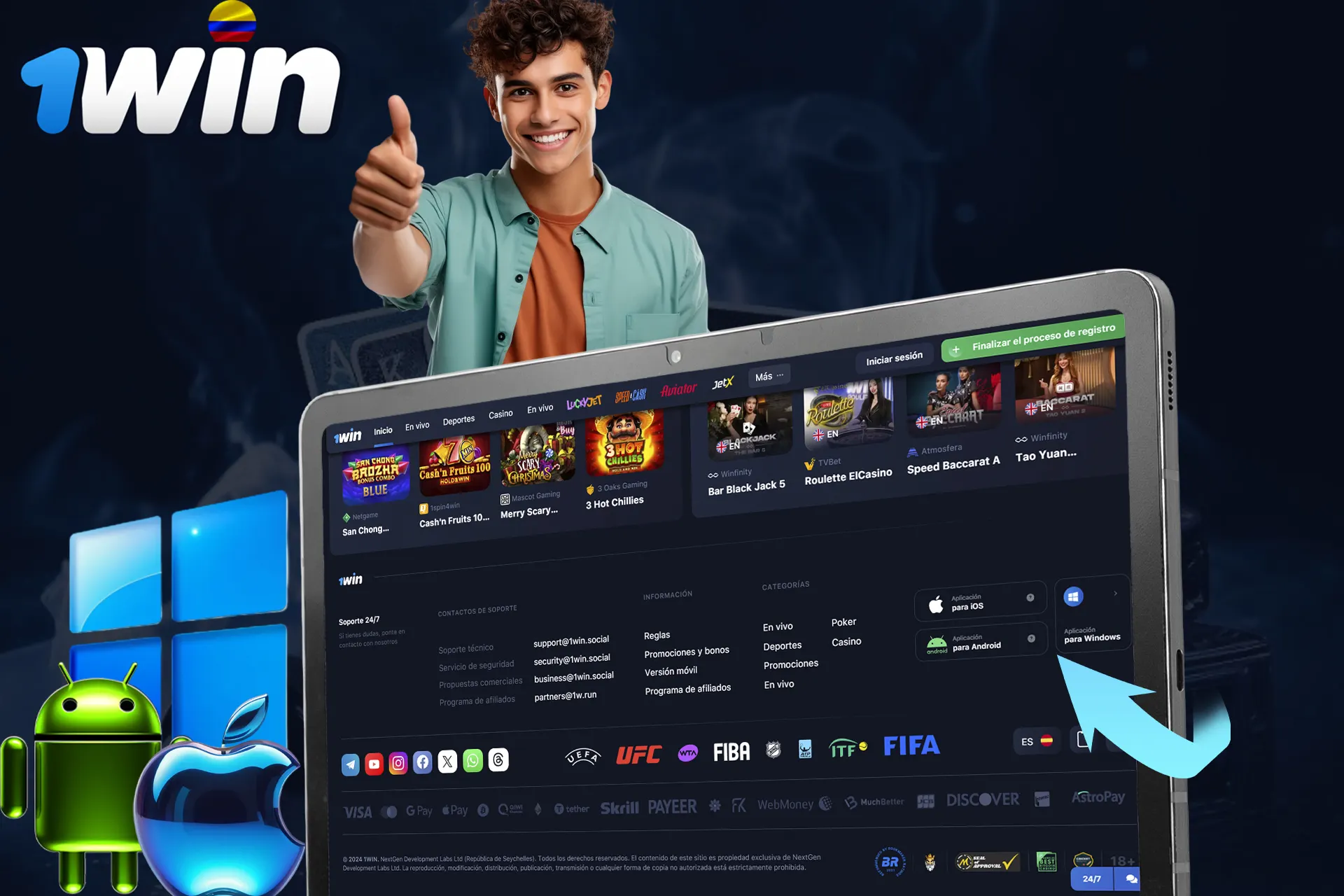 Acceda a la aplicación 1Win a través de iOS, Android o Windows