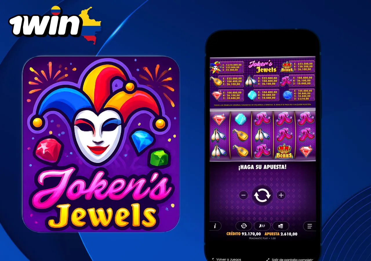 Joker's Jewels en 1win con interfaz móvil mostrando símbolos coloridos y premios.