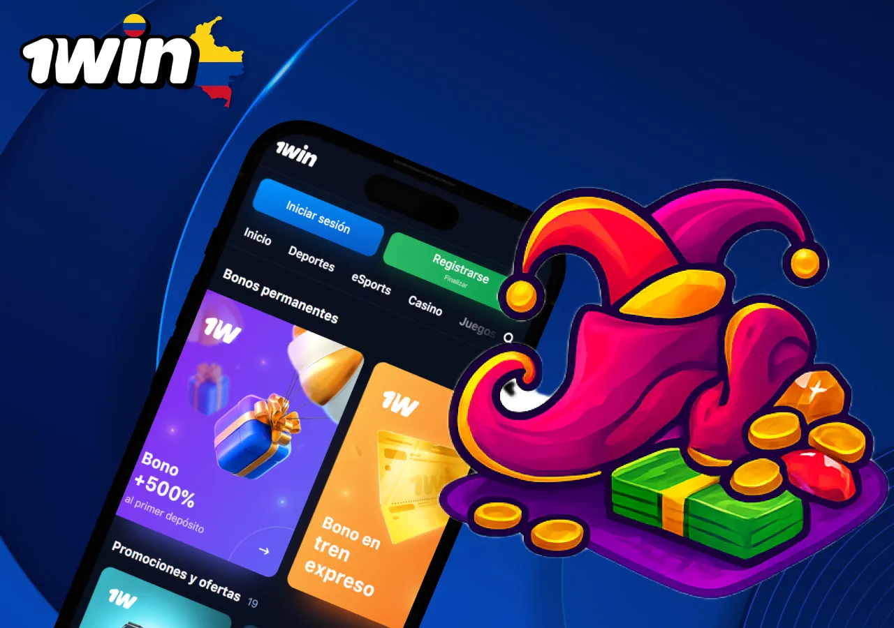 Bonos y promociones permanentes en la app 1win junto a ilustración del gorro del joker y monedas.