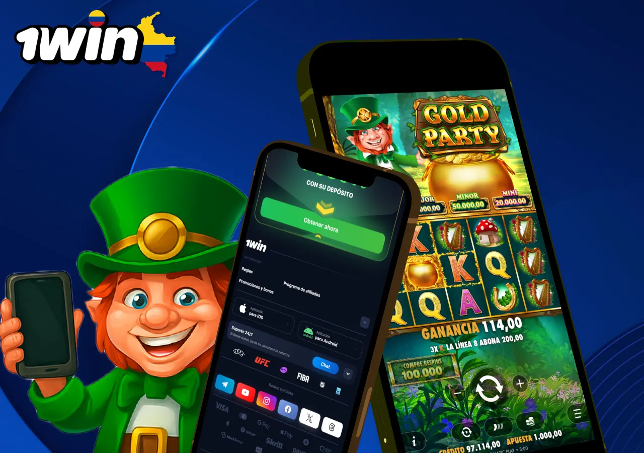 Interfaz de aplicación 1win con opciones de depósito y juego Gold Party en teléfono móvil.