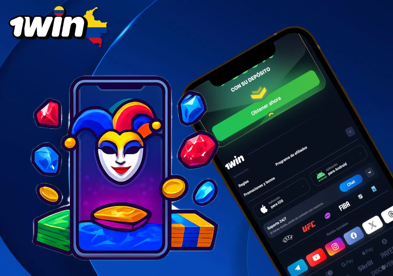 Interfaz de depósito en la app 1win junto a ilustración del joker y joyas coloridas.