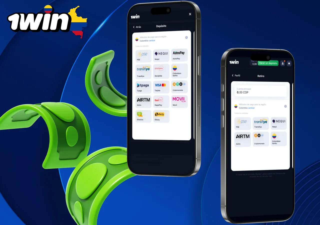 Métodos de pago y retiro disponibles en 1win Colombia mostrados en dos teléfonos móviles.