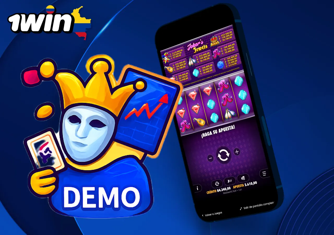 Versión demo de Joker's Jewels en 1win con interfaz móvil y símbolo del joker dorado.